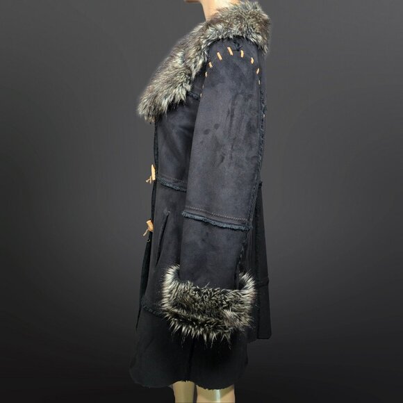 Y2K Penny Lane Coat Size L Jones New York Black Faux Suede Faux Fur Trim Boho - Picture 4 of 11
